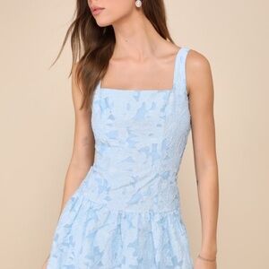 Lulus Exuberant Elegance Light Blue Jacquard Drop Waist Mini Dress - Size M